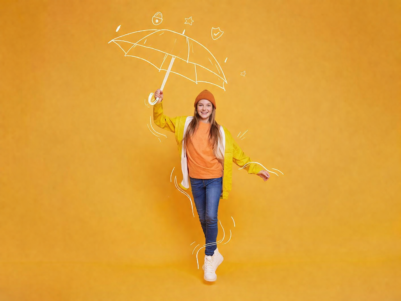 Chica sonriente con sombrero y paraguas (1)