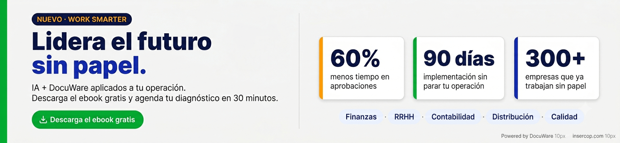 Banner promocional campaña Work Smarter — Insercop y DocuWare: gestión documental con IA para empresas en Colombia